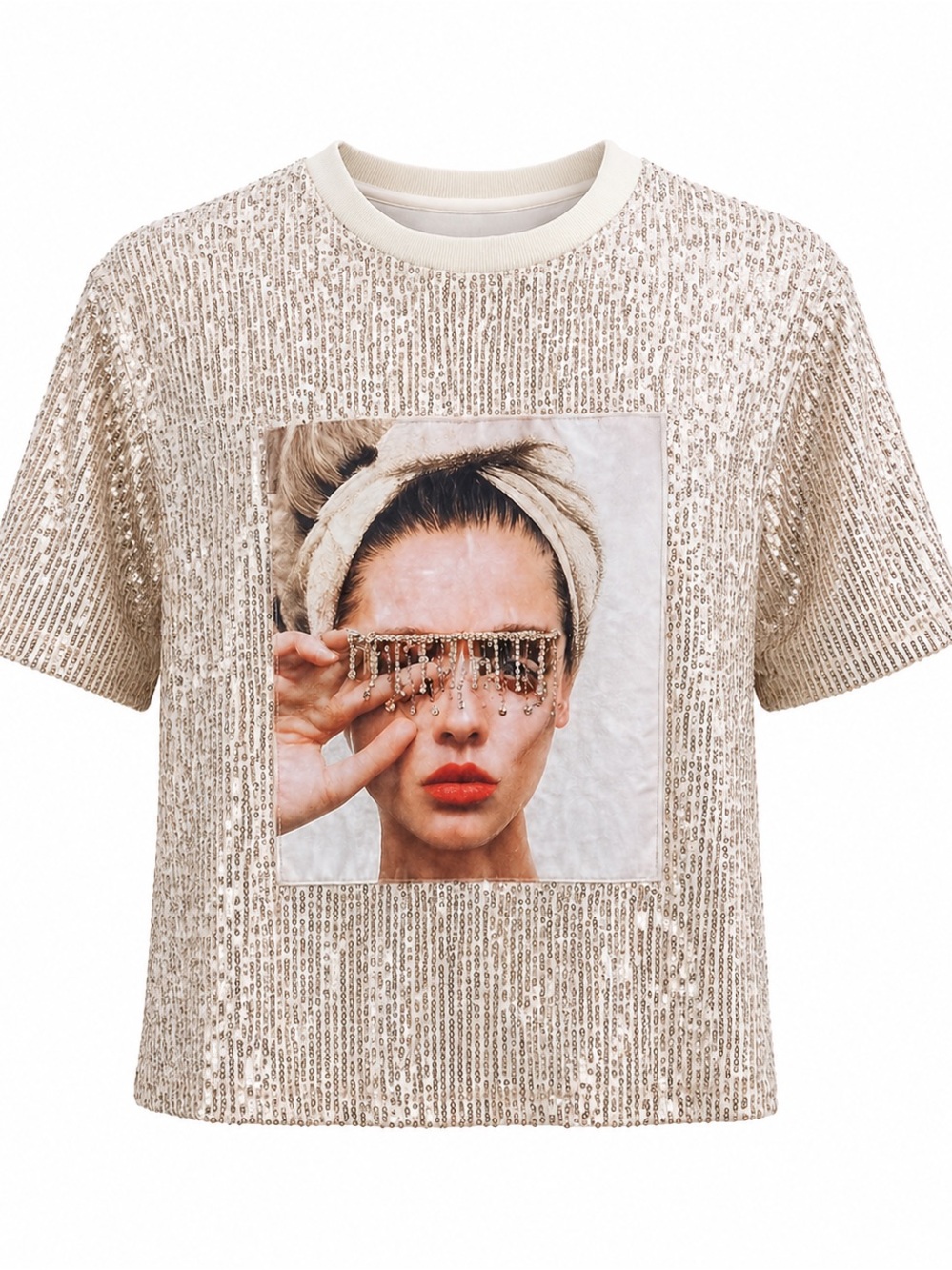 F&2 Sequin Graphic Tee Champagne Short Sleeve Top Boxy Fit Size S/M